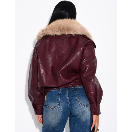 Grained faux leather jacket with faux fur collar