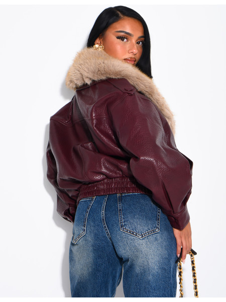 Grained faux leather jacket with faux fur collar