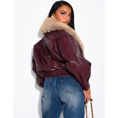 Grained faux leather jacket with faux fur collar