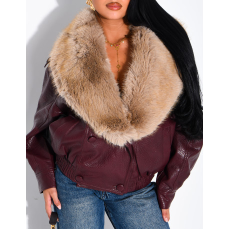 Grained faux leather jacket with faux fur collar