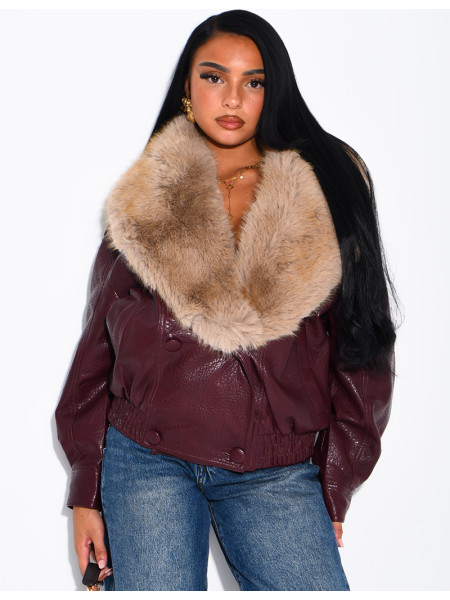 Grained faux leather jacket with faux fur collar