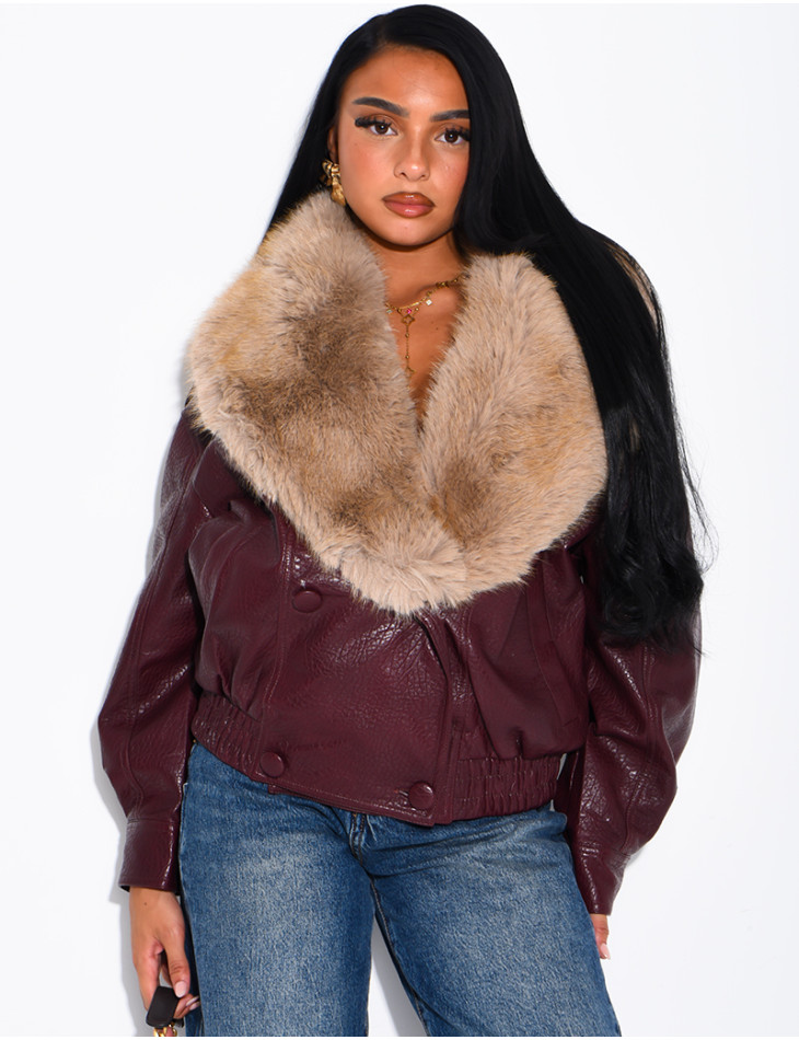 Grained faux leather jacket with faux fur collar