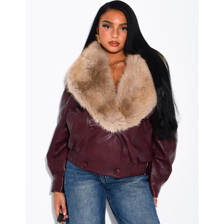 Grained faux leather jacket with faux fur collar
