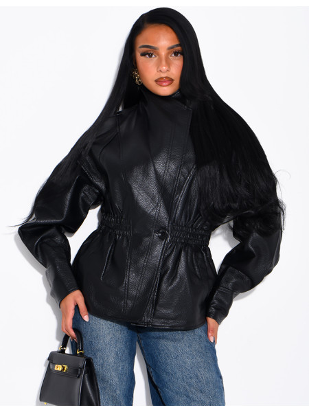Short, grain-textured faux leather jacket, fitted at the waist
