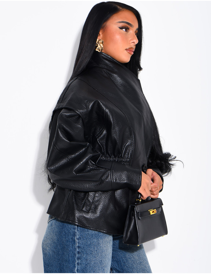 Short, grain-textured faux leather jacket, fitted at the waist