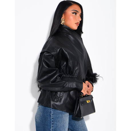 Short, grain-textured faux leather jacket, fitted at the waist