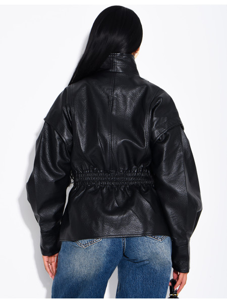 Short, grain-textured faux leather jacket, fitted at the waist