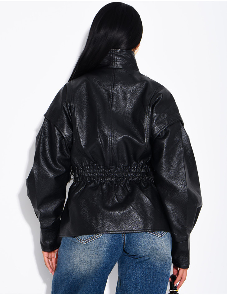 Short, grain-textured faux leather jacket, fitted at the waist