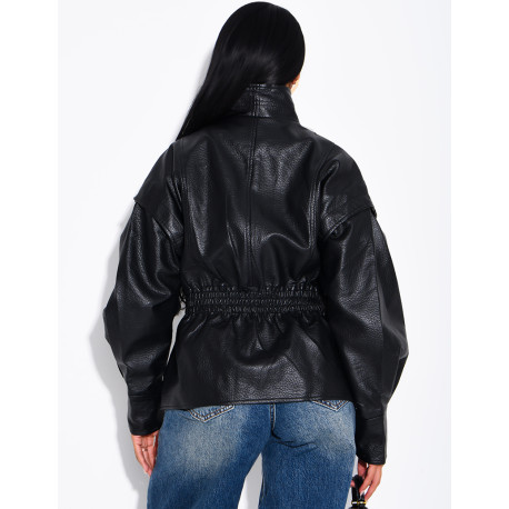 Short, grain-textured faux leather jacket, fitted at the waist