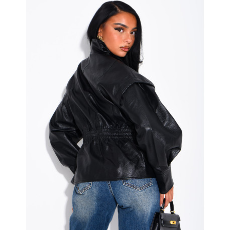 Short, grain-textured faux leather jacket, fitted at the waist