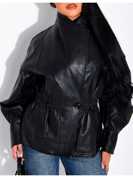 Short, grain-textured faux leather jacket, fitted at the waist