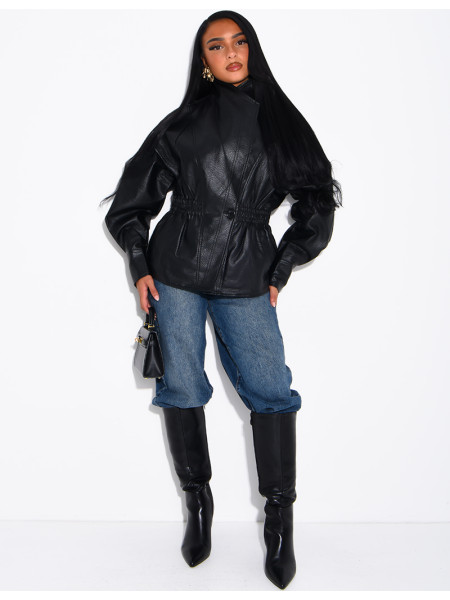 Short, grain-textured faux leather jacket, fitted at the waist