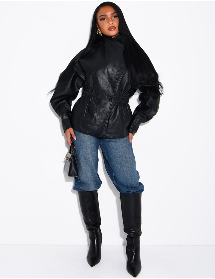 Short, grain-textured faux leather jacket, fitted at the waist