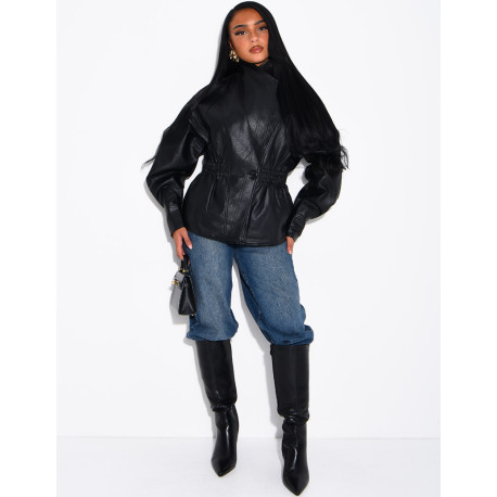 Short, grain-textured faux leather jacket, fitted at the waist