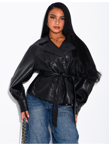 Short faux leather trench coat with puff sleeves