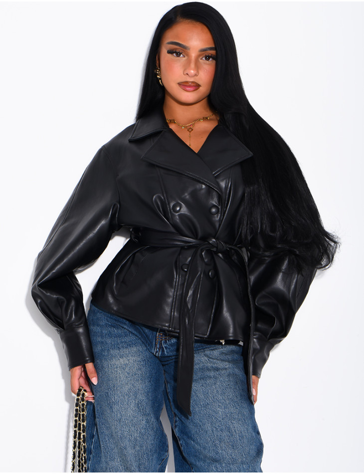 Short faux leather trench coat with puff sleeves