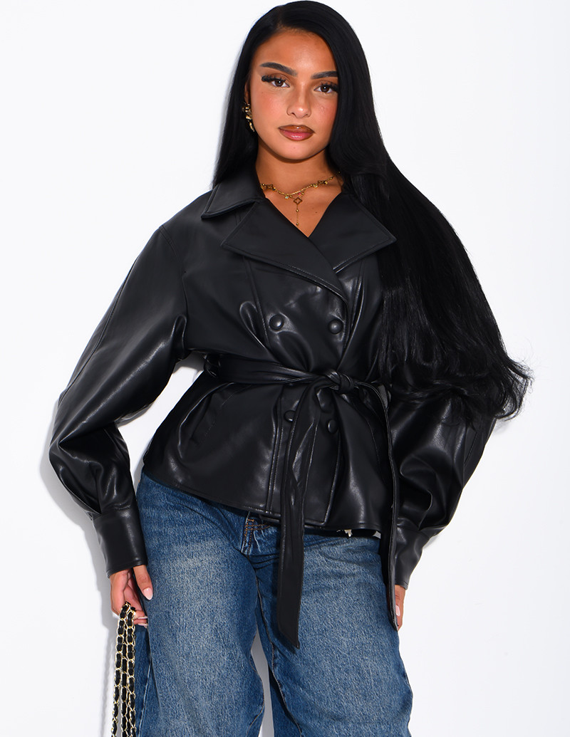 Short faux leather trench...