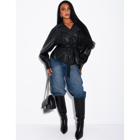 Short faux leather trench coat with puff sleeves
