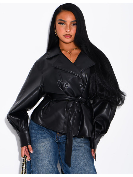 Short faux leather trench coat with puff sleeves
