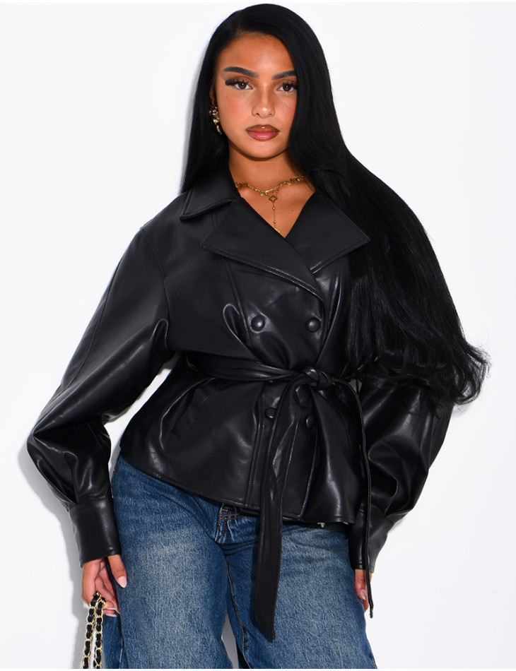 Short faux leather trench coat with puff sleeves