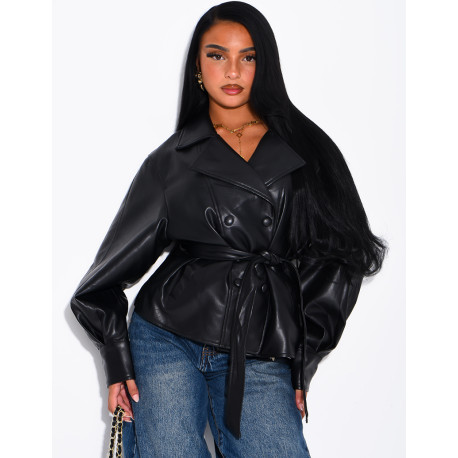 Short faux leather trench coat with puff sleeves