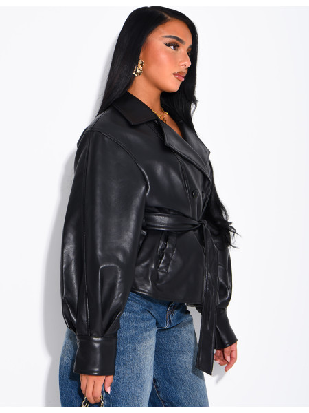 Short faux leather trench coat with puff sleeves