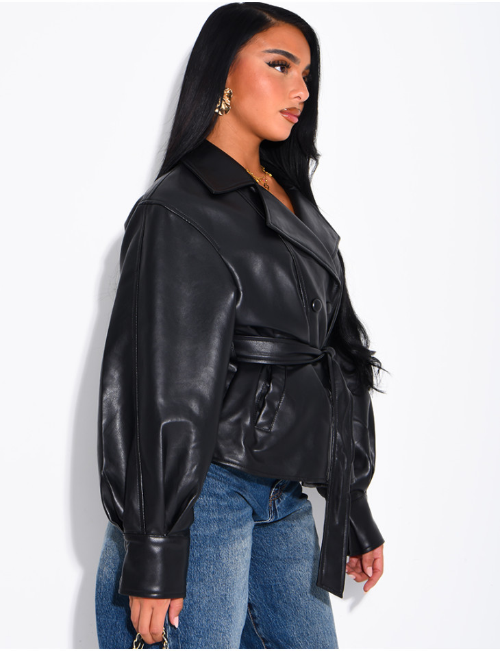 Short faux leather trench coat with puff sleeves