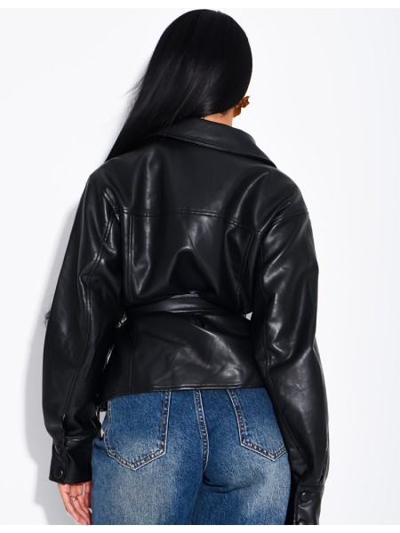 Short faux leather trench coat with puff sleeves
