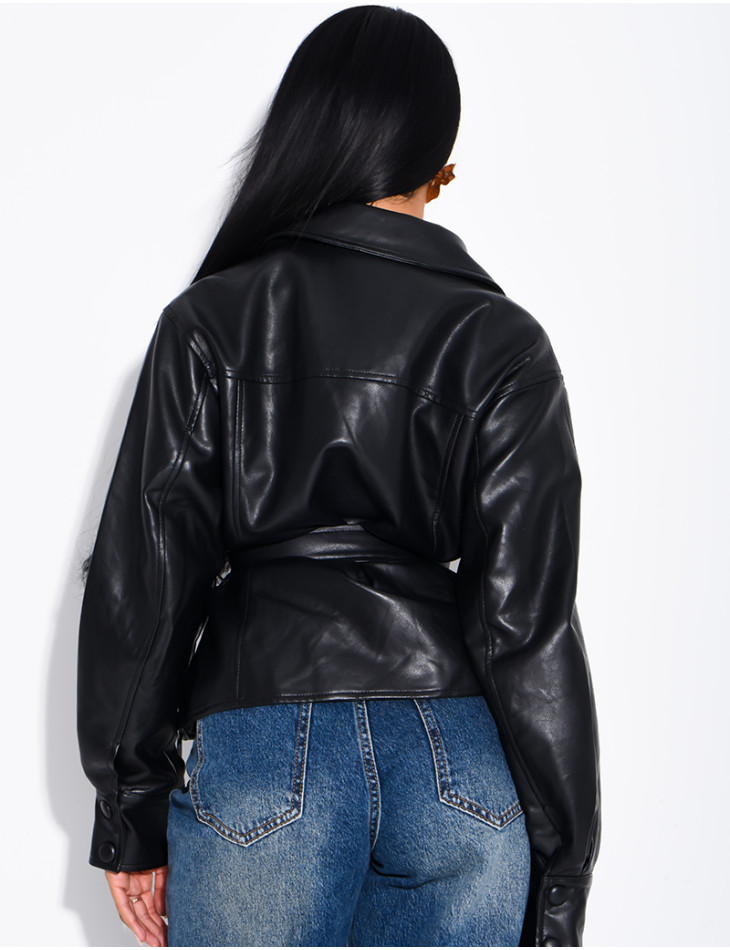 Short faux leather trench coat with puff sleeves