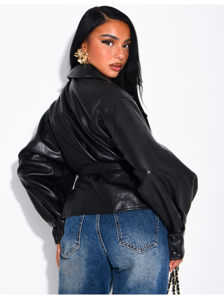 Short faux leather trench coat with puff sleeves