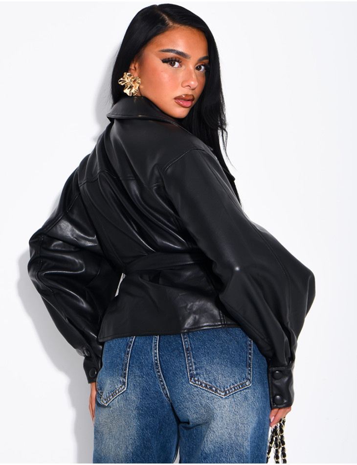 Short faux leather trench coat with puff sleeves