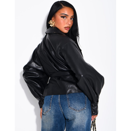 Short faux leather trench coat with puff sleeves