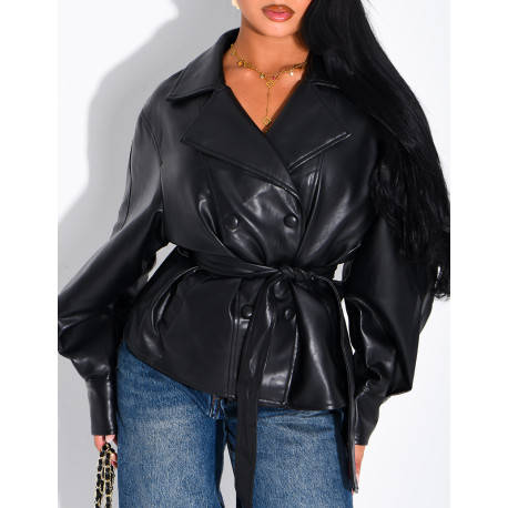 Short faux leather trench coat with puff sleeves