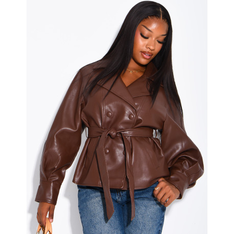 Short faux leather trench coat with puff sleeves
