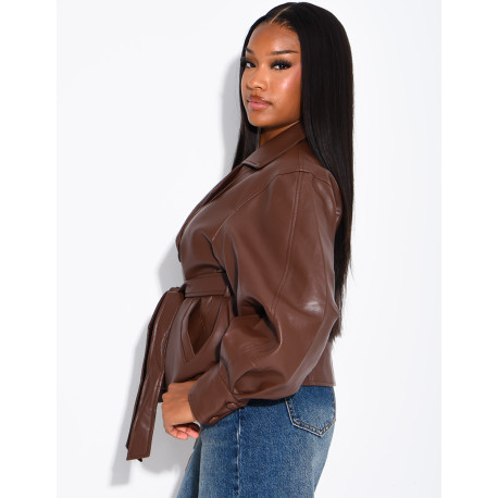 Short faux leather trench coat with puff sleeves