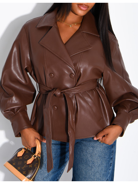 Short faux leather trench coat with puff sleeves