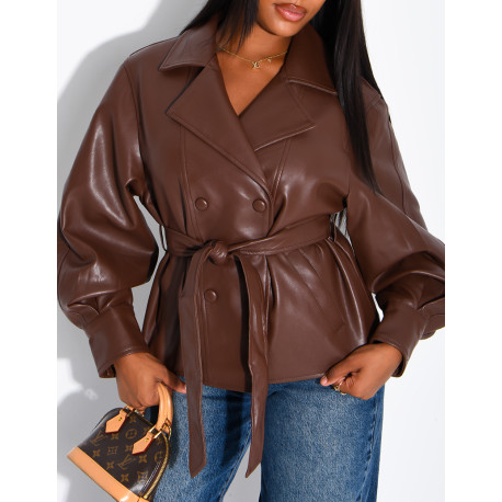 Short faux leather trench coat with puff sleeves