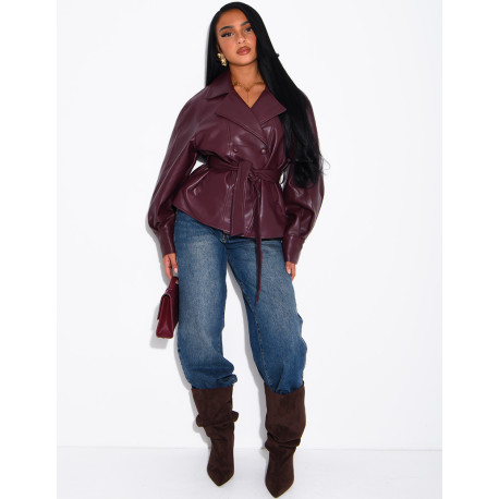 Short faux leather trench coat with puff sleeves