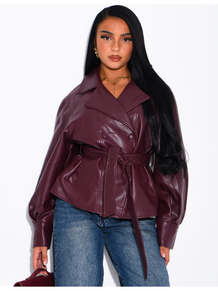 Short faux leather trench coat with puff sleeves