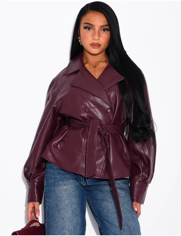 Short faux leather trench coat with puff sleeves