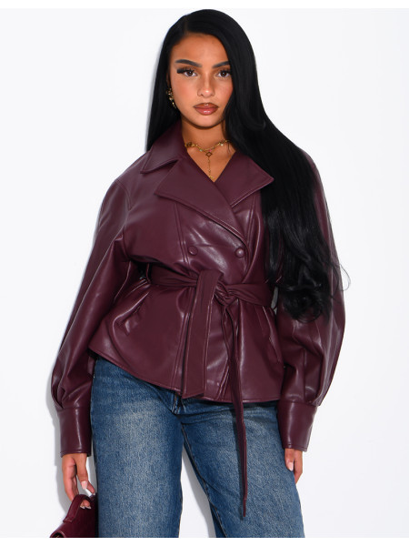 Short faux leather trench coat with puff sleeves