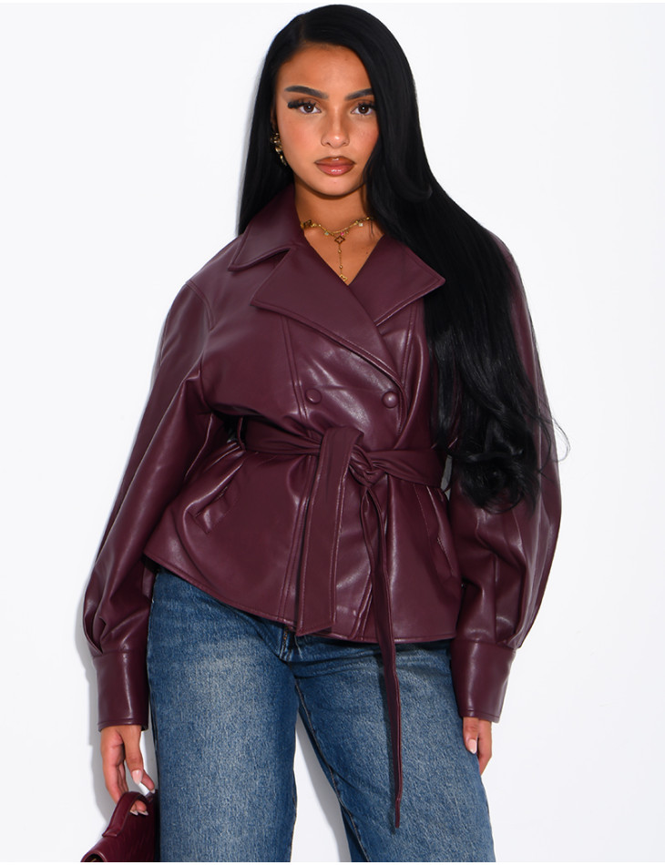 Short faux leather trench coat with puff sleeves