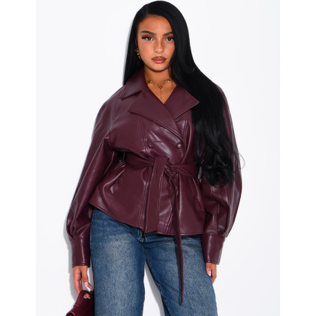 Short faux leather trench coat with puff sleeves