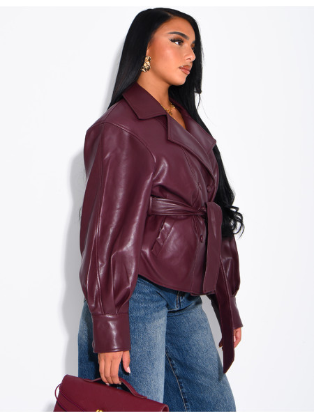 Short faux leather trench coat with puff sleeves
