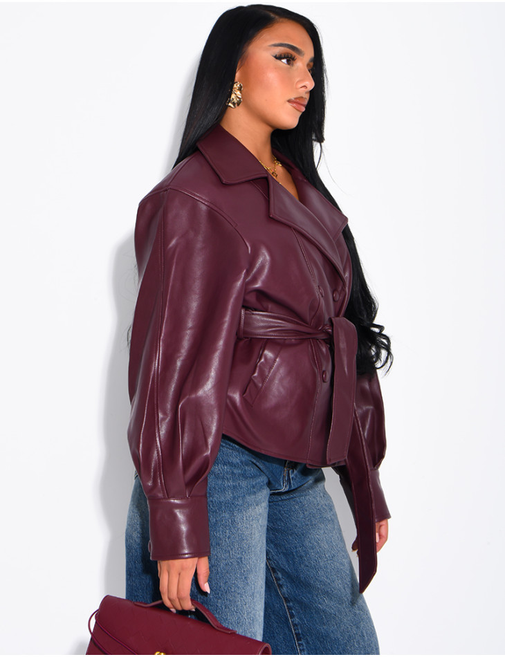 Short faux leather trench coat with puff sleeves