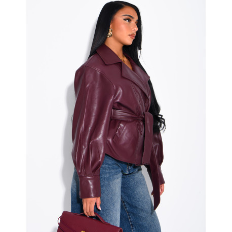 Short faux leather trench coat with puff sleeves