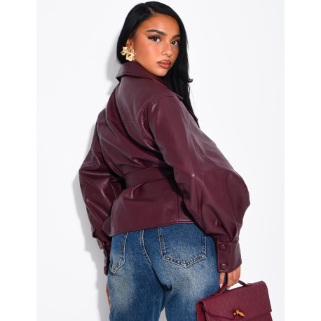 Short faux leather trench coat with puff sleeves