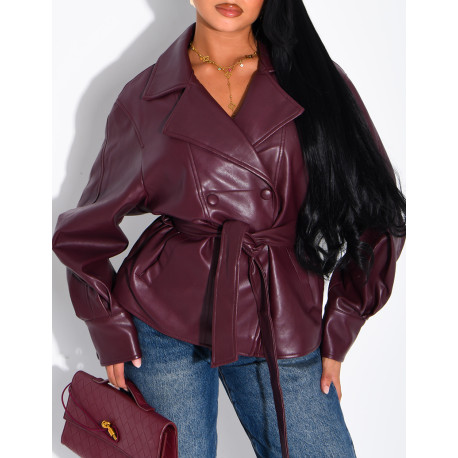 Short faux leather trench coat with puff sleeves