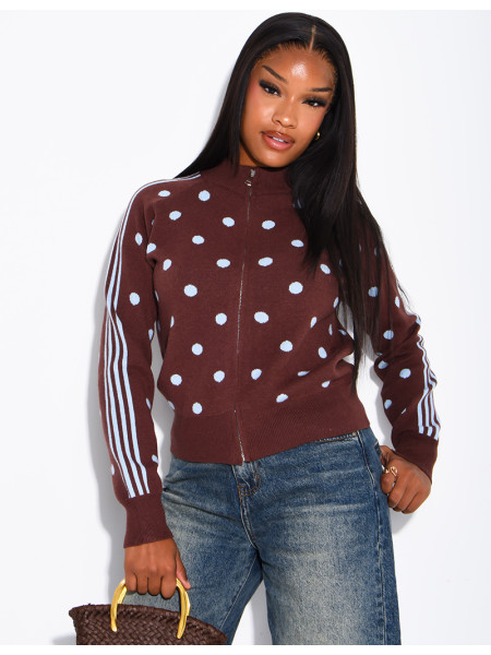 Zip-up cardigan with polka dots and stripes