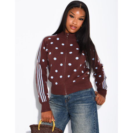 Zip-up cardigan with polka dots and stripes